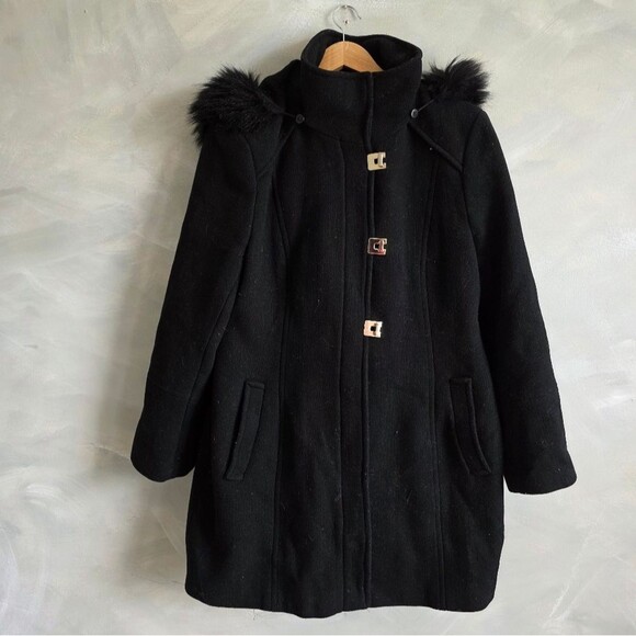 Calvin Klein Wool Blend Detachable Fur Hood Zip Coat Parka Black Gold Sz XL - Picture 1 of 16
